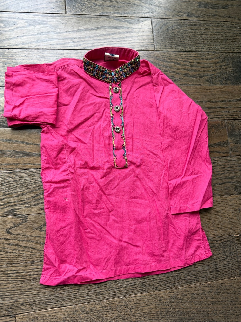 Toddler boys desi Bright Pink Embroidered Collar one piece kurta